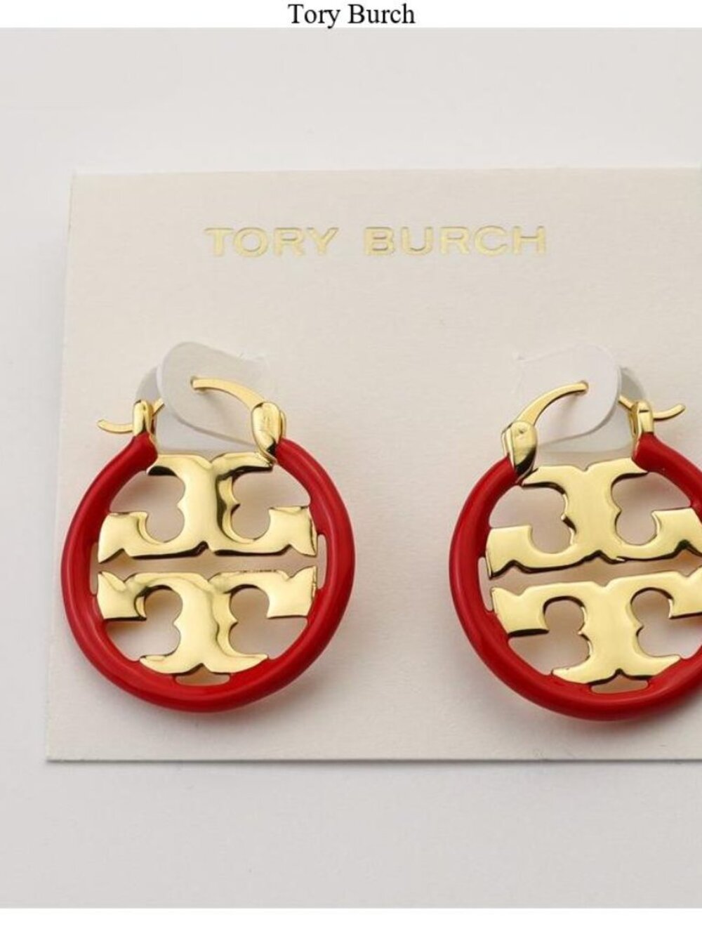 Tory Burch Red and Gold Logo Hoop Earrings